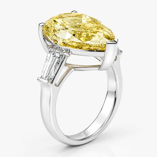 Trilogy (Baguette Side Diamonds) Fancy Yellow Pear Lab Grown Diamond Ring in White Gold 18K