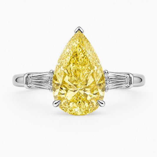 Trilogy (Baguette Side Diamonds) Fancy Yellow Pear Lab Grown Diamond Ring in White Gold 18K