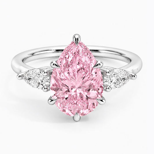 Trilogy Fancy Colored Lab Diamond Ring (Pear Side Diamonds) in White Gold 18K