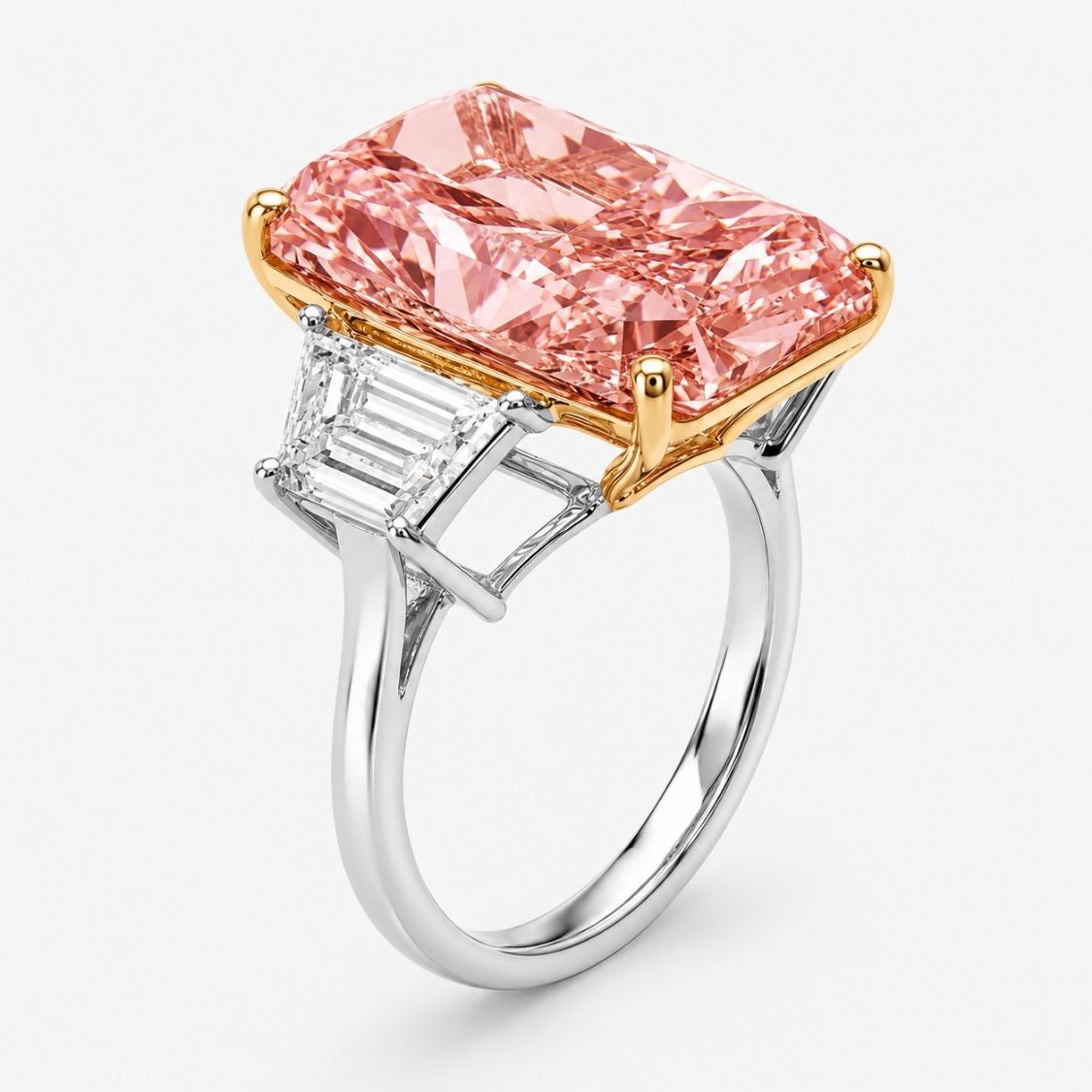 Trilogy (Trapezoid Side Diamonds) Fancy Pink Radiant Lab Grown Diamond Engagement Ring in White Gold 18K