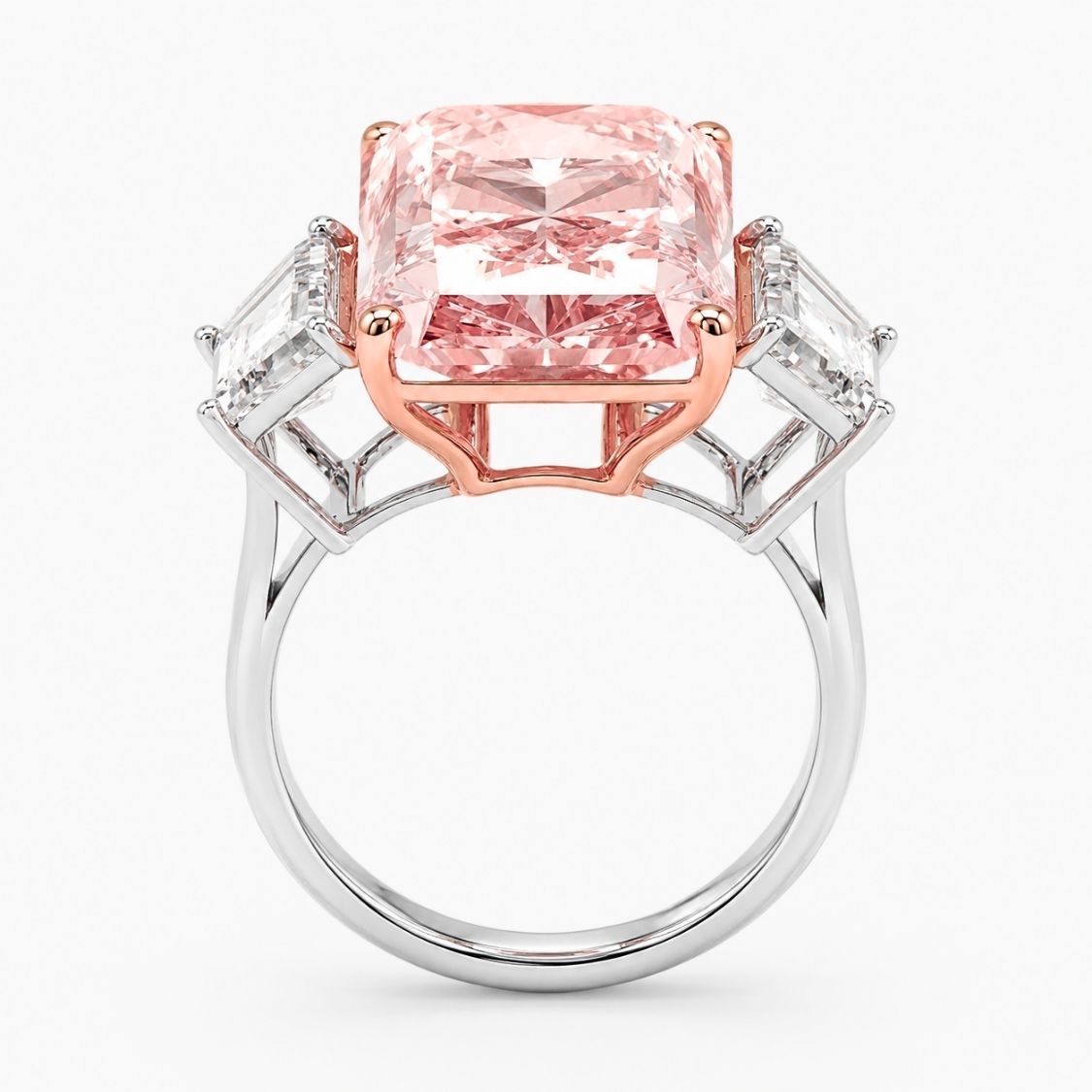 Trilogy (Trapezoid Side Diamonds) Fancy Pink Radiant Lab Grown Diamond Engagement Ring in White Gold 18K