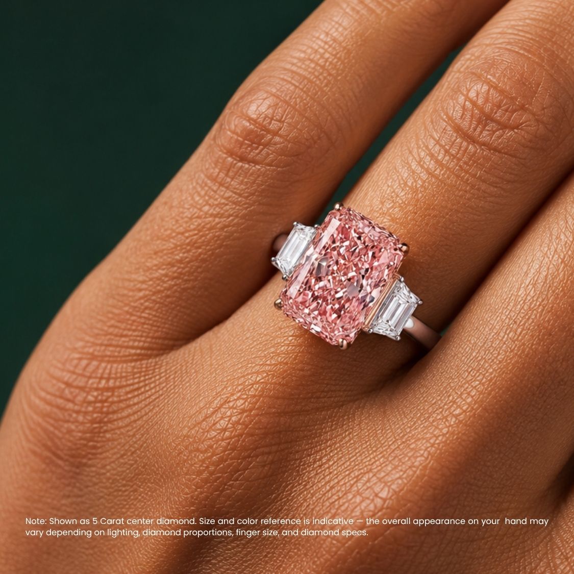 Trilogy (Trapezoid Side Diamonds) Fancy Pink Radiant Lab Grown Diamond Engagement Ring in White Gold 18K