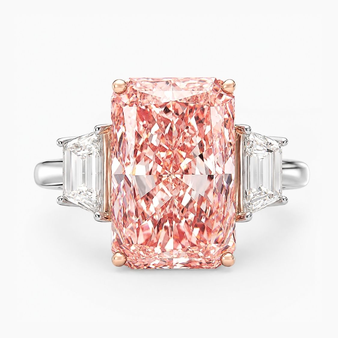 Trilogy (Trapezoid Side Diamonds) Fancy Pink Radiant Lab Grown Diamond Engagement Ring in White Gold 18K