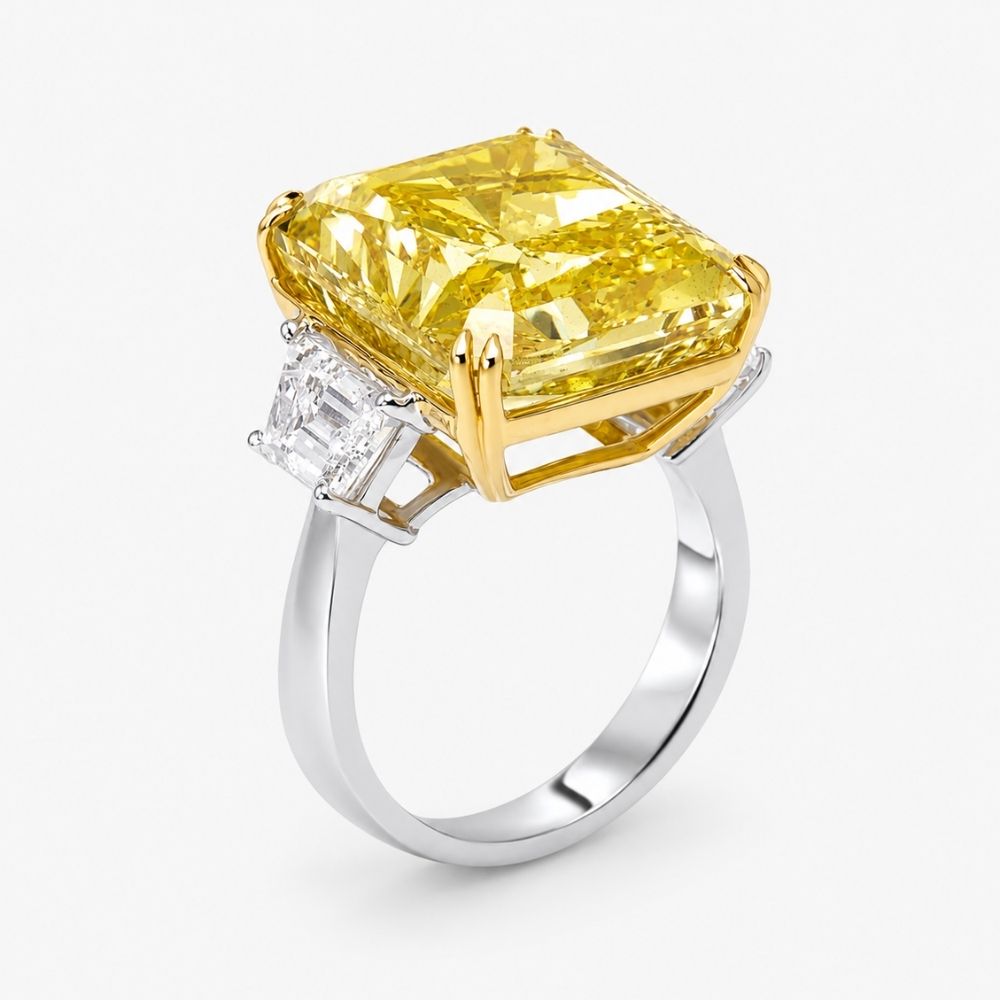 Trilogy (Trapezoid Side Diamonds) Fancy Yellow Radiant Lab Grown Diamond Ring in White Gold 18K