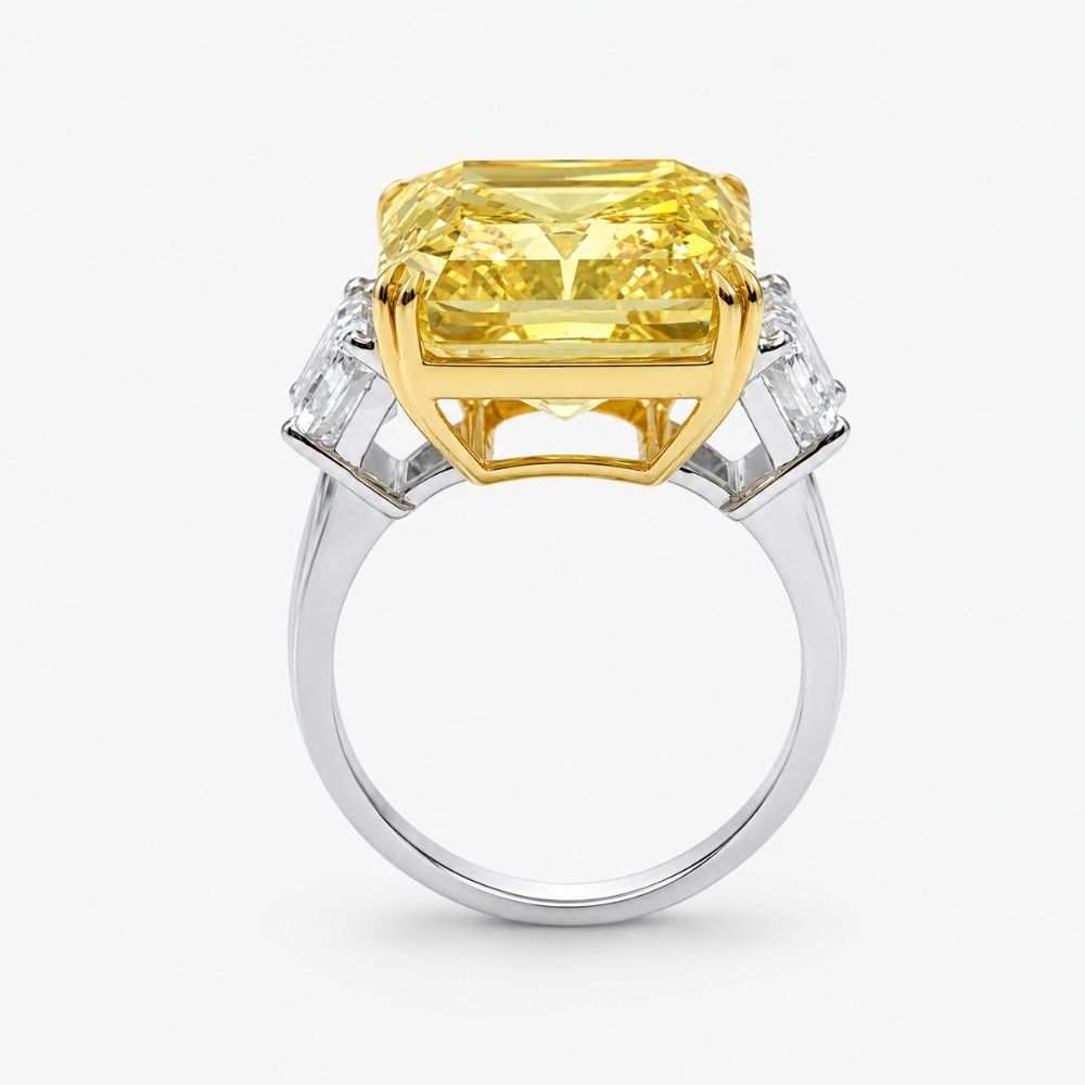 Trilogy (Trapezoid Side Diamonds) Fancy Yellow Radiant Lab Grown Diamond Ring in White Gold 18K
