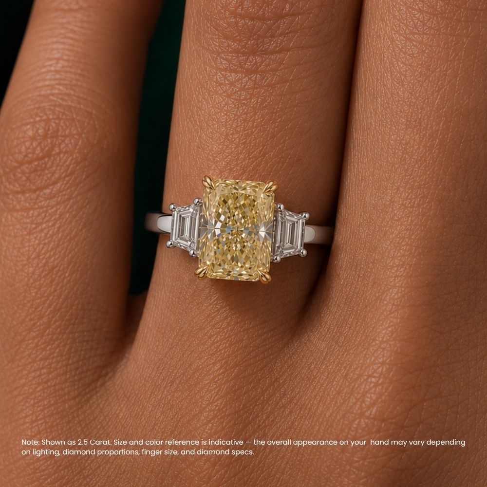 Trilogy (Trapezoid Side Diamonds) Fancy Yellow Radiant Lab Grown Diamond Ring in White Gold 18K