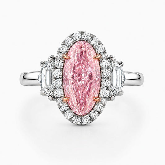Rhea Trilogy (Epaulette-cut Side Diamonds) Halo Fancy Pink Oval (Moval) Lab Diamond Ring in White Gold 18K