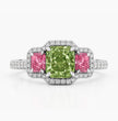 Artemis Halo Pave Accents (White and Pink Radiant Side Diamonds) Fancy Green Cushion Lab Diamond Ring in White Gold 18K
