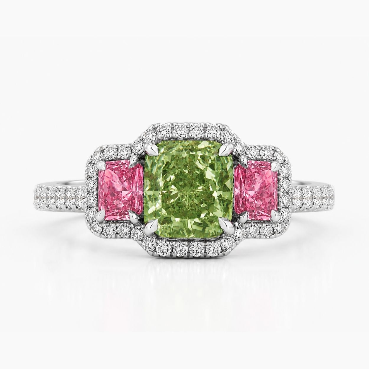 Artemis Halo Pave Accents (White and Pink Radiant Side Diamonds) Fancy Green Cushion Lab Diamond Ring in White Gold 18K
