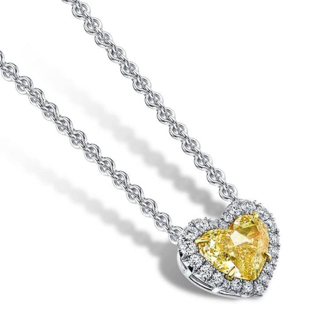 6 Carat Fancy Yellow Halo Heart Lab-Grown Diamond Jewelry Set (Necklace & Earrings) in 18K White Gold