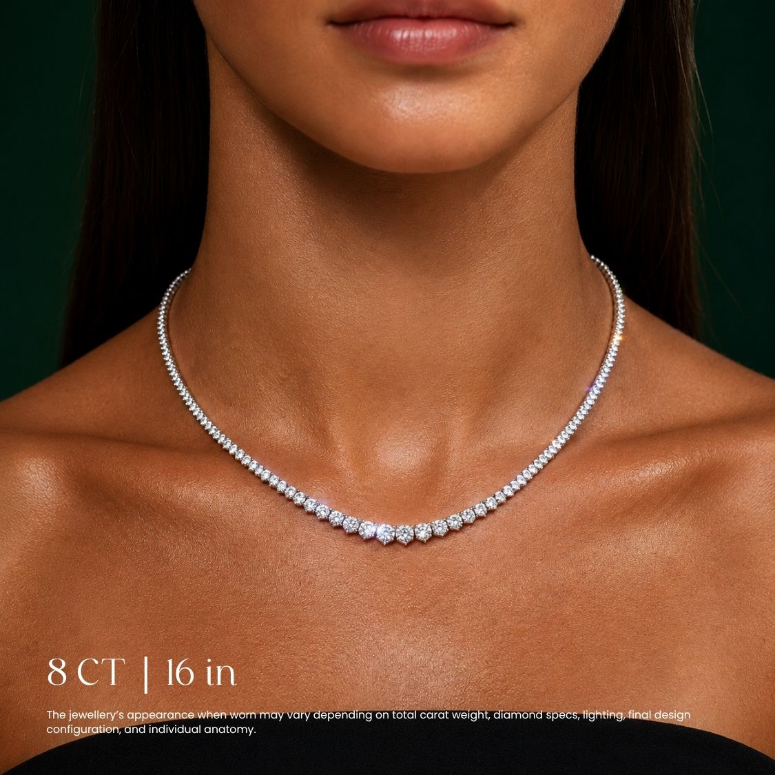 Diamond necklace on a model with '8 CT | 16 in' text, ecomposer-metal type-rose-gold-18k, ecomposer-metal type-white-gold-18k, ecomposer-metal type-yellow-gold-18k