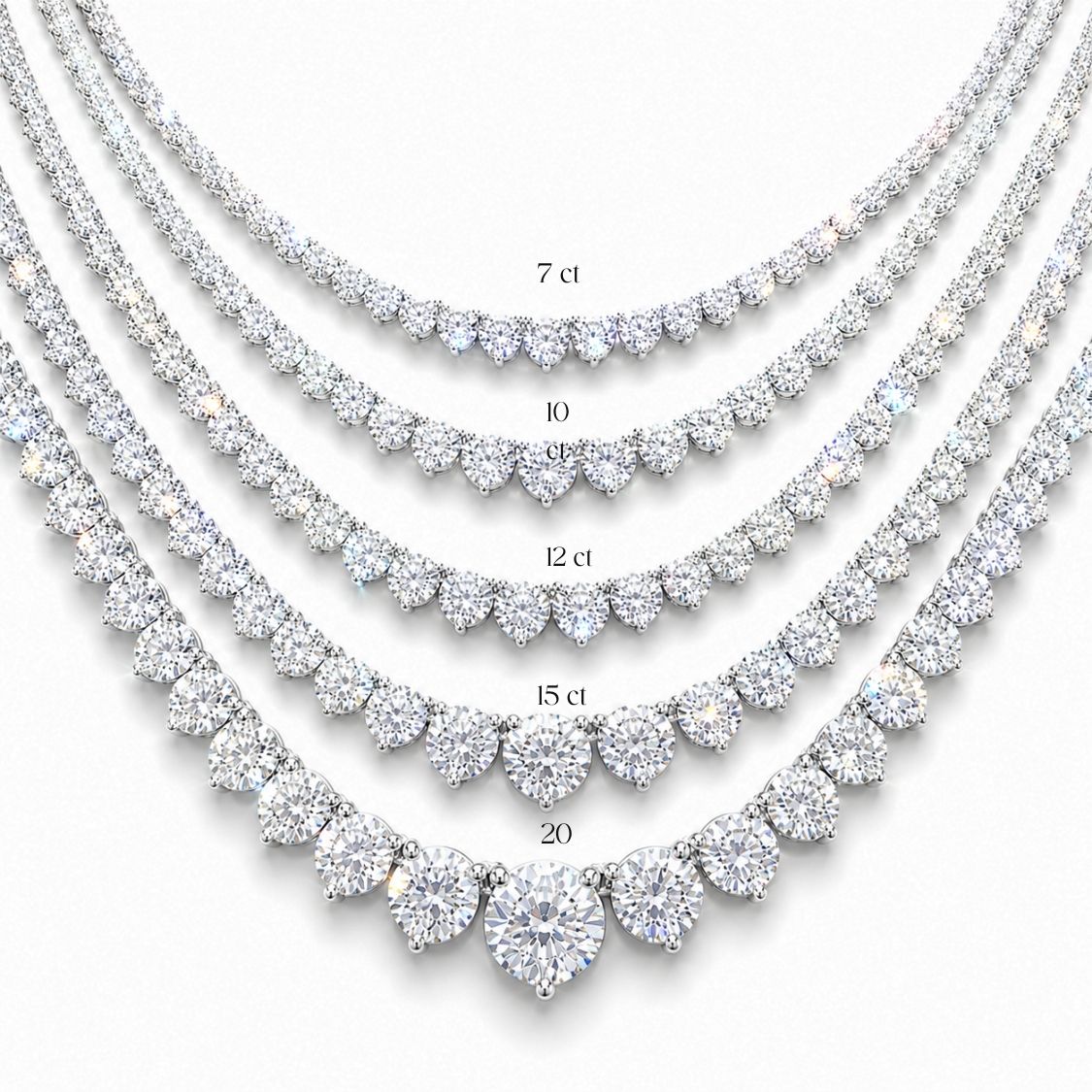 graduated tennis diamond necklaces of different weight and sizes on a white background, ecomposer-metal type-rose-gold-18k, ecomposer-metal type-white-gold-18k, ecomposer-metal type-yellow-gold-18k