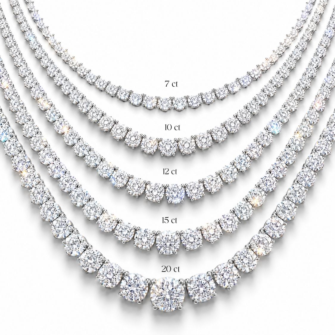 Diamond tennis necklace with varying diamond carat weights on a white background, ecomposer-metal type-white-gold-18k, ecomposer-metal type-yellow-gold-18k, ecomposer-metal type-rose-gold-18k