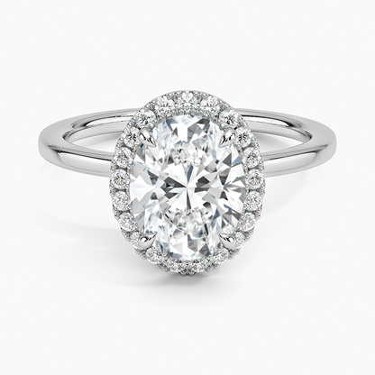 Oval halo platinum engagement ring with lab-grown diamond and pavé band