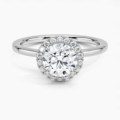 Platinum halo engagement ring with round 1 carat center diamond and pavé setting