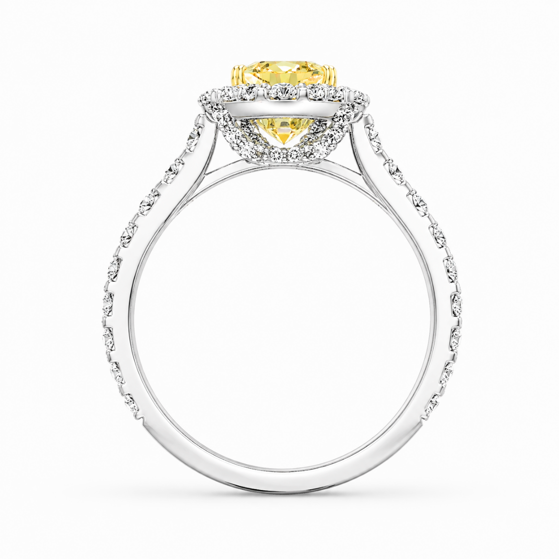 Halo Pave Fancy Yellow Cushion Lab Grown Diamond Ring in White Gold 18K