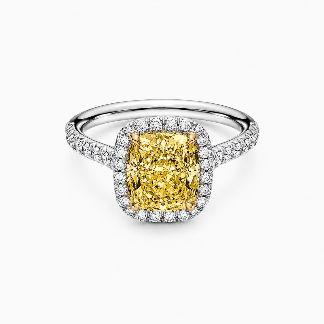 Halo Pave Fancy Yellow Cushion Lab Grown Diamond Ring in White Gold 18K