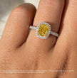 Halo Pave Fancy Yellow Cushion Lab Grown Diamond Ring in White Gold 18K