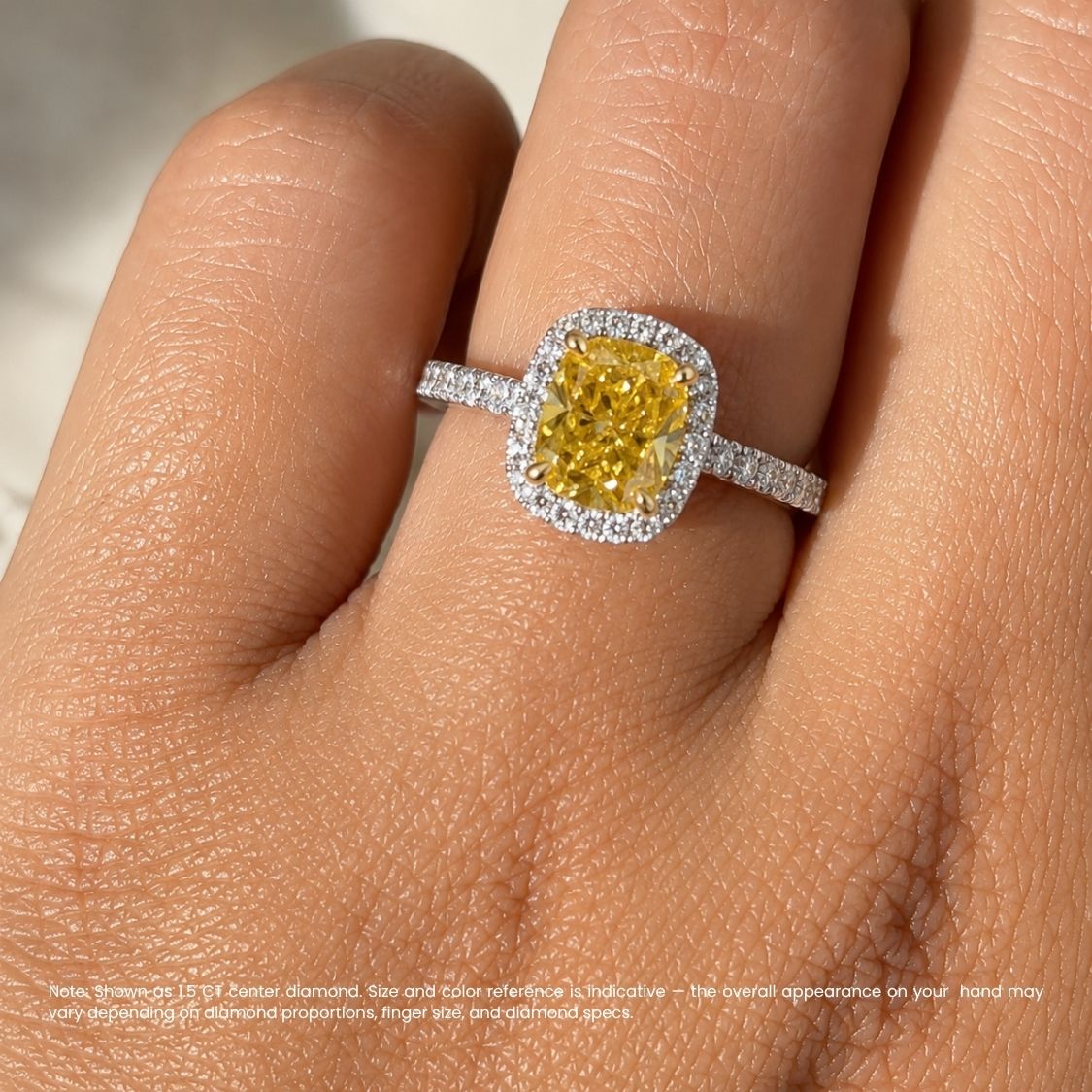 Halo Pave Fancy Yellow Cushion Lab Grown Diamond Ring in White Gold 18K