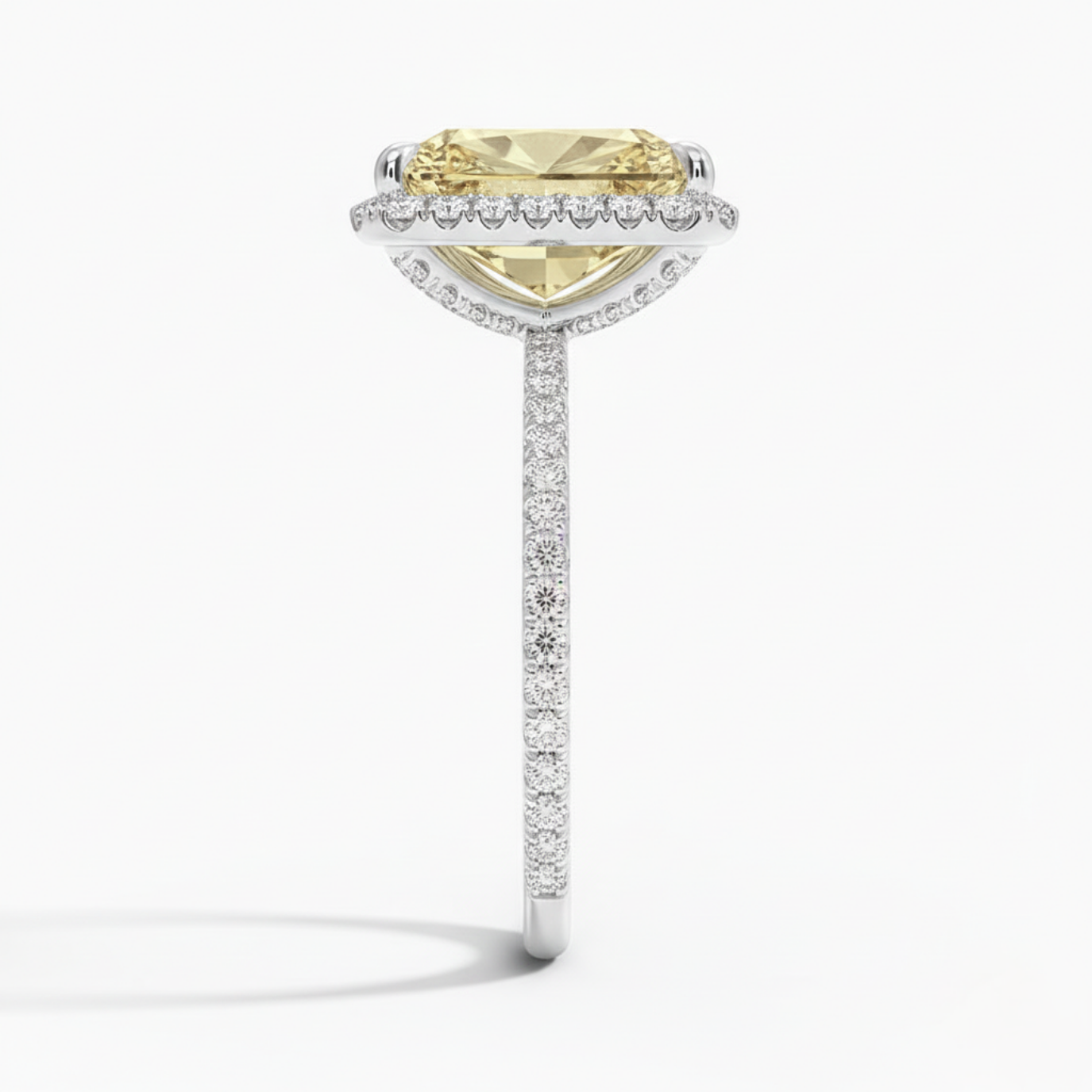 Halo Pave Fancy Yellow Radiant Lab Diamond Ring in White Gold 18K