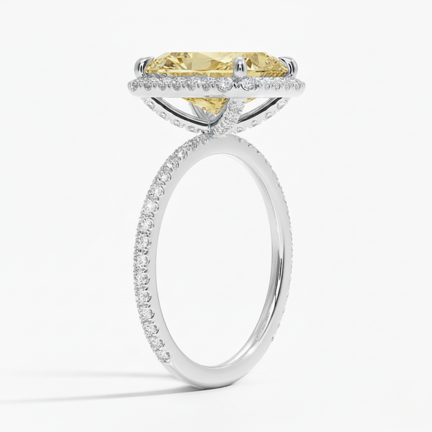 Halo Pave Fancy Yellow Radiant Lab Diamond Ring in White Gold 18K