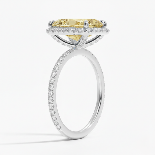 Halo Pave Fancy Yellow Radiant Lab Diamond Ring in White Gold 18K