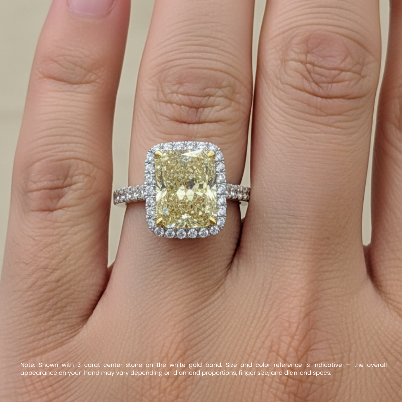 Halo Pave Fancy Yellow Radiant Lab Diamond Ring in White Gold 18K