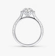 A silver diamond engagement ring with a round-cut center stone and a halo of smaller diamonds, set against a plain white background.