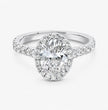 An oval halo engagement ring featuring a large round-cut center stone surrounded by a double halo of smaller stones, set on a split-shank band with pavé accents, in a polished silver-toned metal against a light gray background.