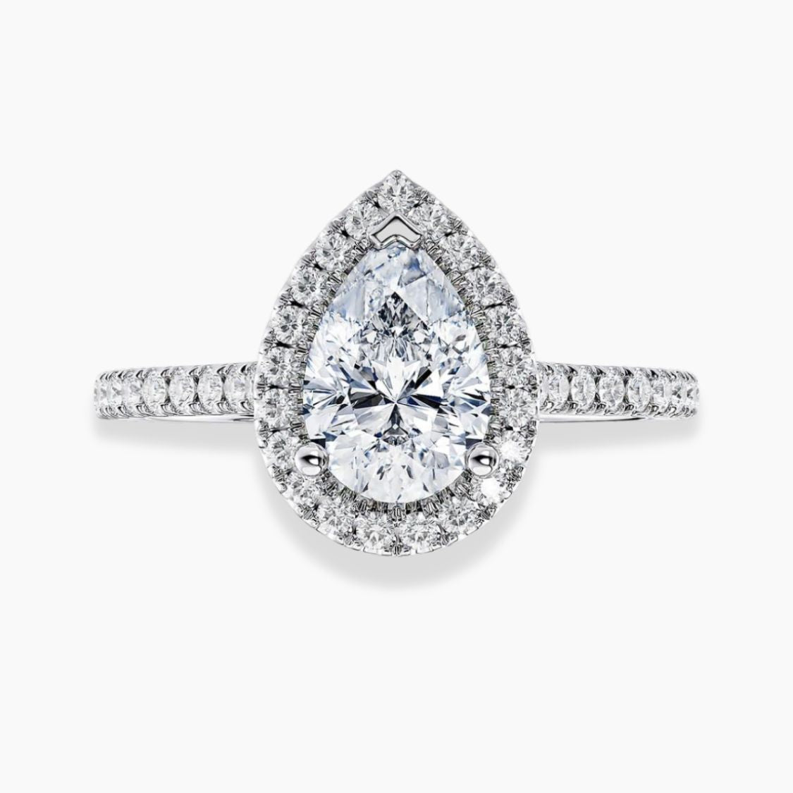 A pear-cut halo ring featuring a large clear pear-cut center stone surrounded by a halo of smaller round stones, with a pavé-set band, shown on a light gray background.
