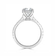 A silver-toned diamond engagement ring with a round-cut center stone and a halo of smaller diamonds, set on a clean white background.