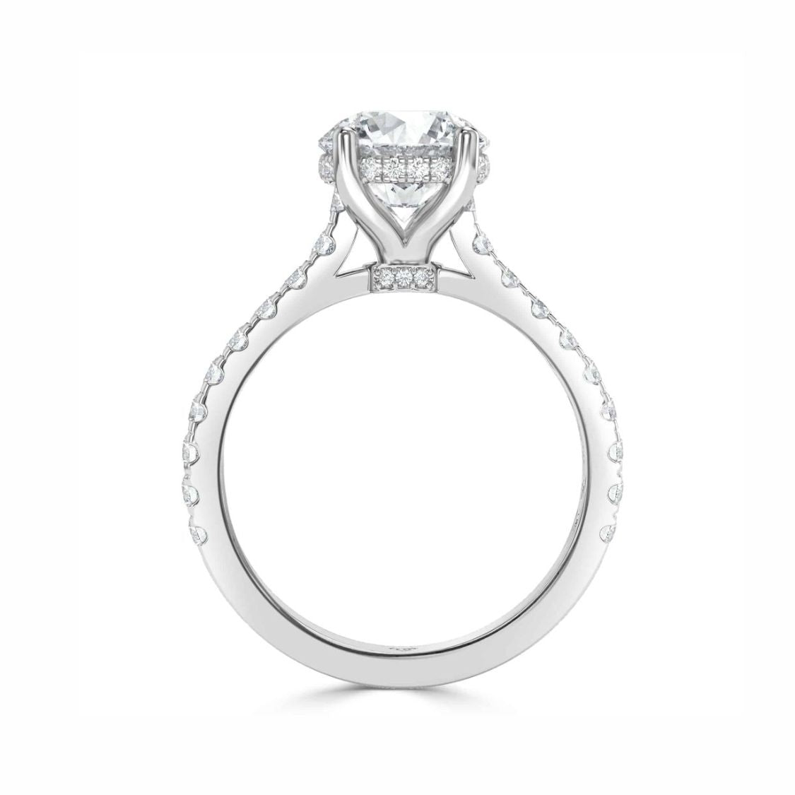 A silver-toned diamond engagement ring with a round-cut center stone and a halo of smaller diamonds, set on a clean white background.