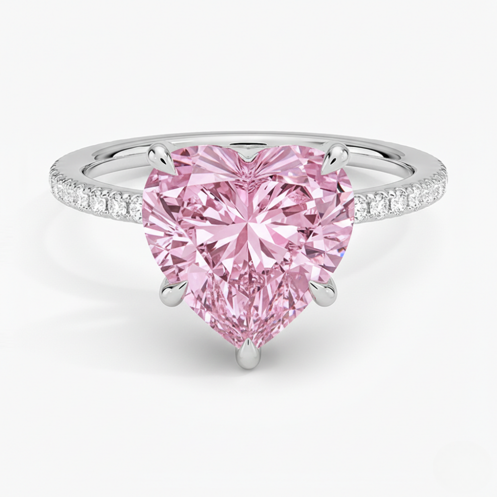 Pave Pink Heart Lab Diamond Ring in White Gold 18K