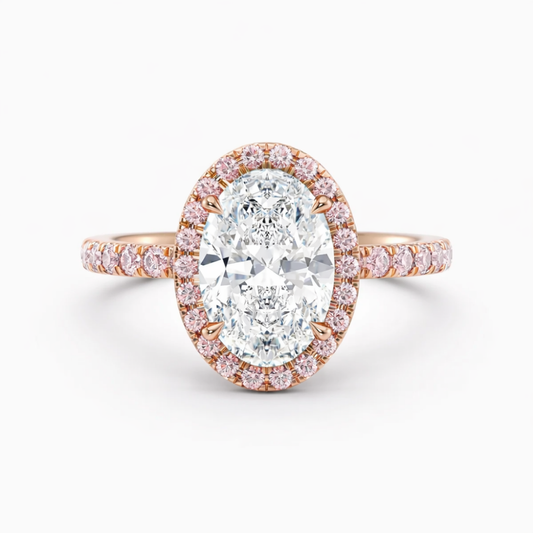 Halo Fancy Pink Pave Oval Lab Diamond Ring in Rose Gold 18K