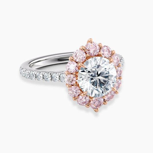 Fancy Pink Vintage Halo Round Lab Diamond Ring in White and Rose Gold 18K