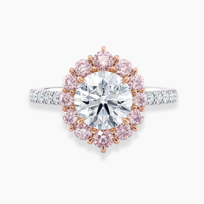 Fancy Pink Vintage Halo Round Lab Diamond Ring in White and Rose Gold 18K
