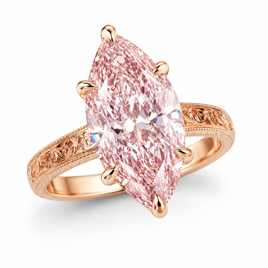 A rose gold ring featuring a large marquise-cut pink diamond center stone, set against a clean white background, ecomposer-metal type-rose-gold-18k