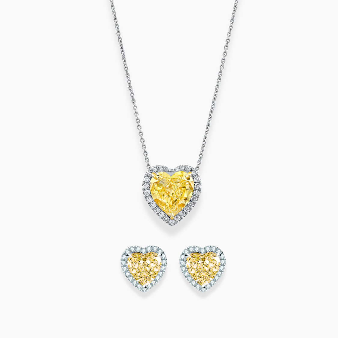 6 Carat Fancy Yellow Halo Heart Lab-Grown Diamond Jewelry Set (Necklace & Earrings) in 18K White Gold