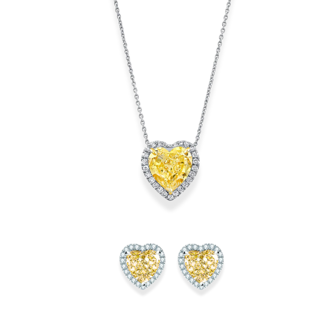 6 Carat Fancy Yellow Halo Heart Lab-Grown Diamond Jewelry Set (Necklace & Earrings) in 18K White Gold