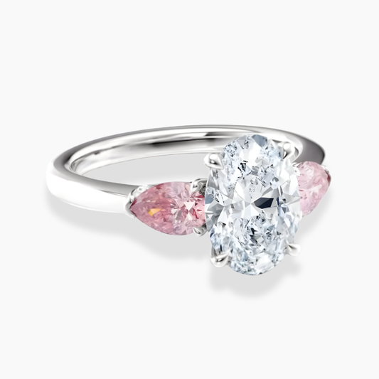 Trilogy (Fancy Pink Pear Side-Stones) Oval Lab Diamond Ring in White Gold 18K