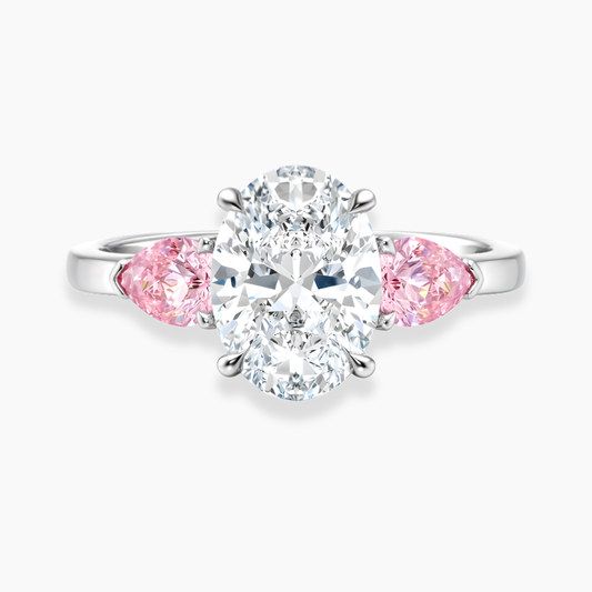 Trilogy (Fancy Pink Pear Side-Stones) Oval Lab Diamond Ring in White Gold 18K