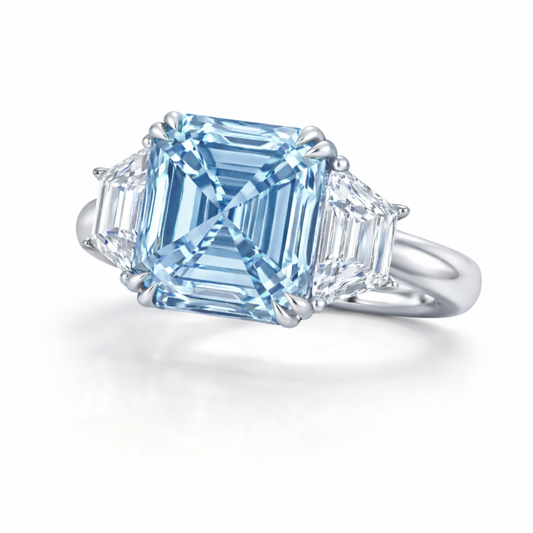 Trilogy Fancy Blue Asscher (Trapezoid Side Diamonds) Lab Diamond Ring in White Gold 18K
