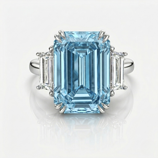 Trilogy Fancy Blue Emerald (Trapezoid Side Diamonds) Lab Diamond Ring in White Gold 18K