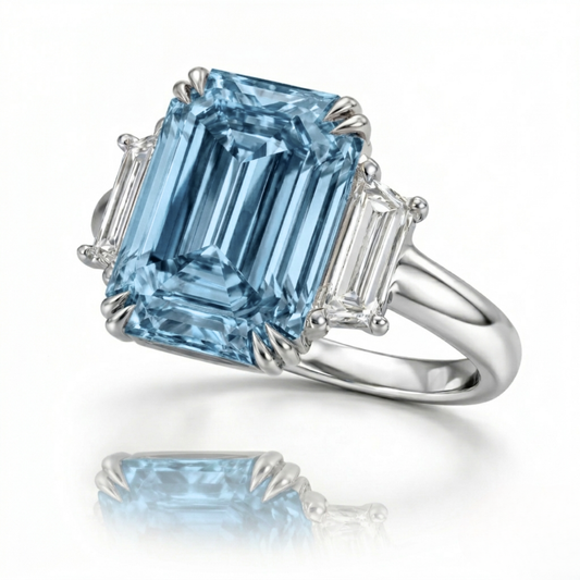 Trilogy Fancy Blue Emerald (Trapezoid Side Diamonds) Lab Diamond Ring in White Gold 18K