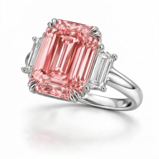 Trilogy Fancy Pink Emerald (Trapezoid Side Diamonds) Lab Diamond Ring in White Gold 18K