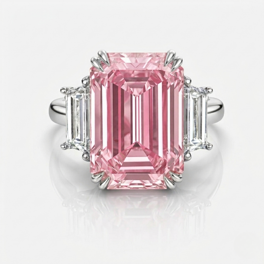Trilogy Fancy Pink Emerald (Trapezoid Side Diamonds) Lab Diamond Ring in White Gold 18K