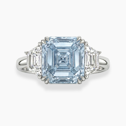 Trilogy Fancy Blue Asscher (Trapezoid Side Diamonds) Lab Diamond Ring in White Gold 18K