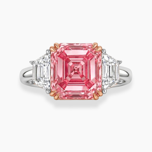Trilogy Fancy Pink Asscher (Trapezoid Side Diamonds) Lab Diamond Ring in White Gold 18K