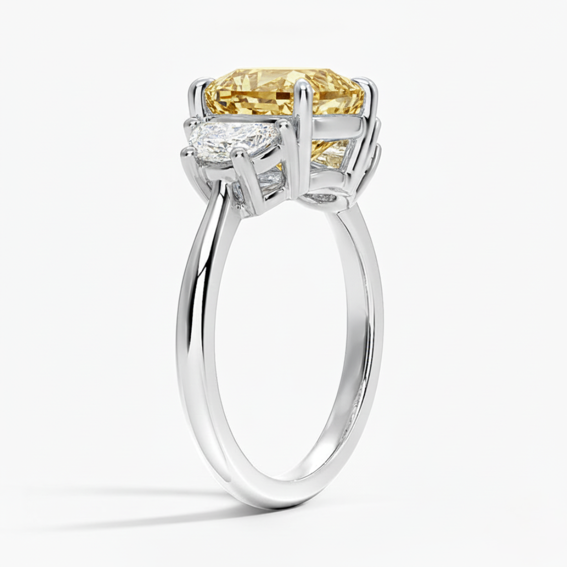 Trilogy Fancy Yellow Cushion (Half-Moon Sides-Stones) Lab Diamond Ring in White Gold 18K