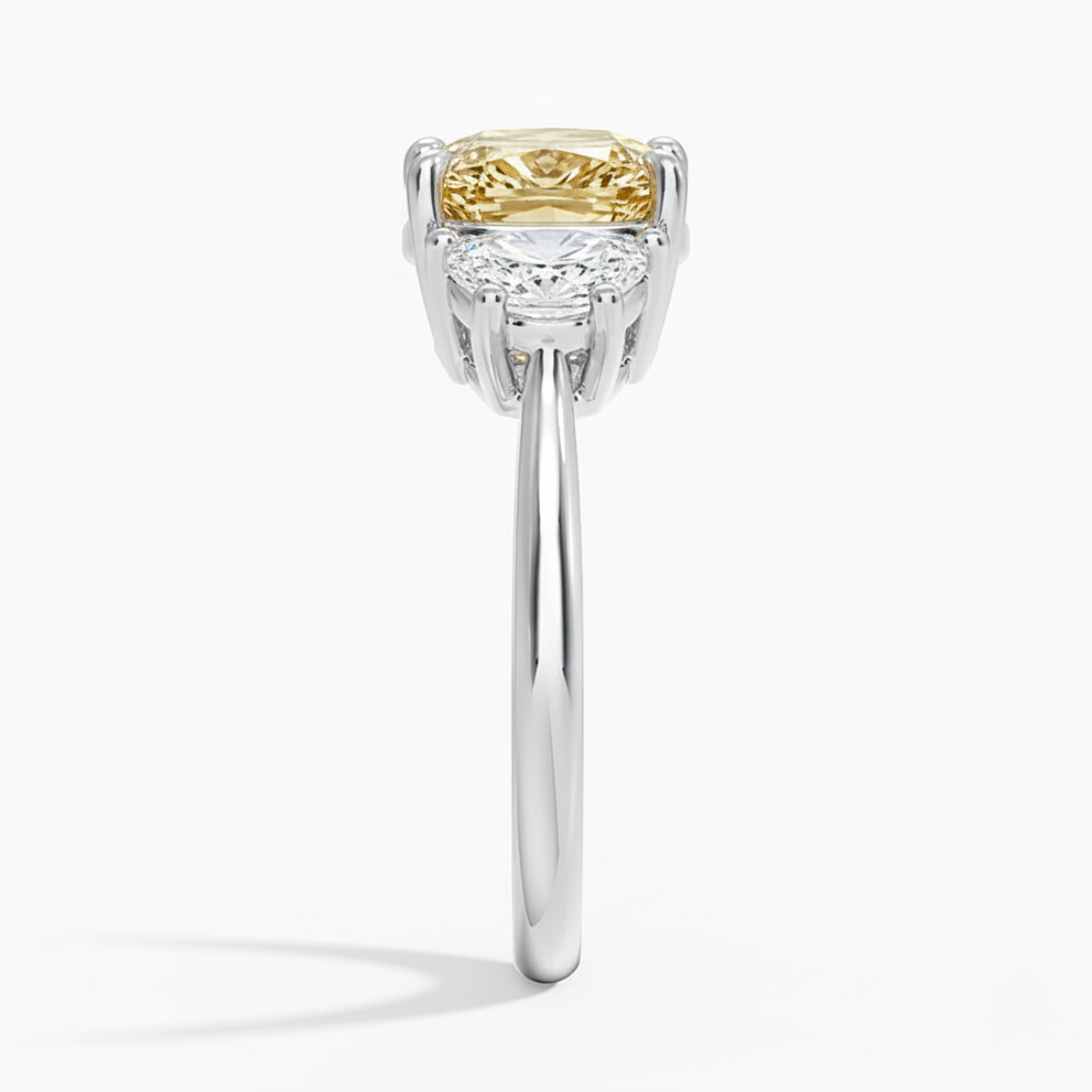 Trilogy Fancy Yellow Cushion (Half-Moon Sides-Stones) Lab Diamond Ring in White Gold 18K